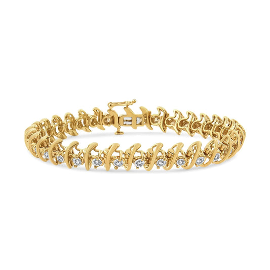 10K Yellow Gold Plated .925 Sterling Silver 3.00 Cttw Prong-Set Brilliant Round-cut Diamond "S" Link Bracelet (J-K Color, I2-I3 Clarity) - Size 7.5 WEM Support (www.WEM.support)