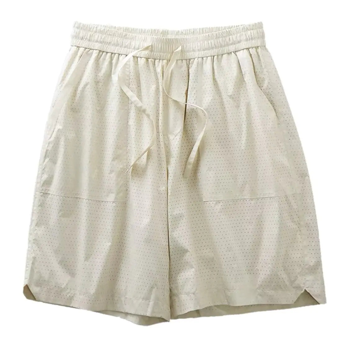 A pair of creamy white, knee-length men's summer sports shorts with a casual waistband and straight cut.
