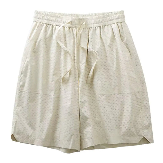 A pair of creamy white, knee-length men's summer sports shorts with a casual waistband and straight cut.