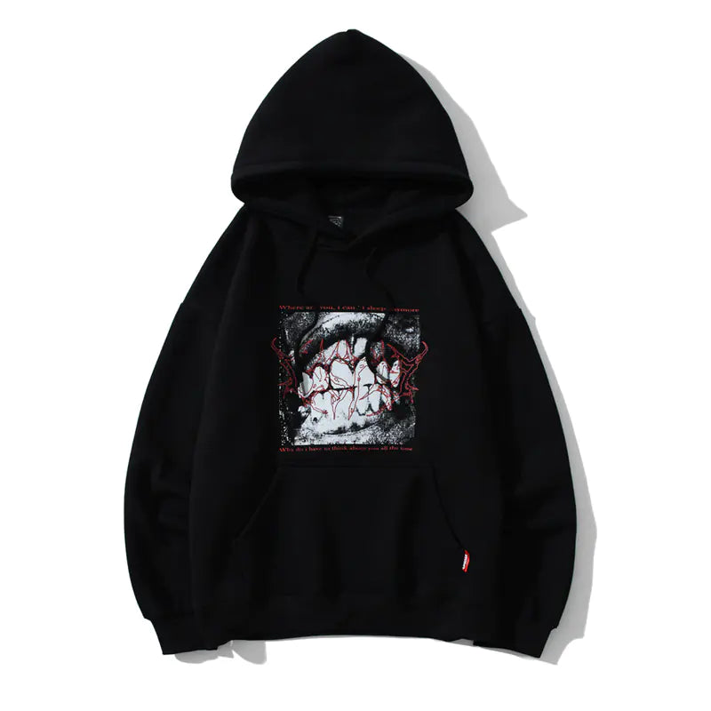 Black hooded pullover with a graphic print in the front.