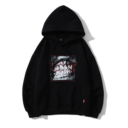 Black hooded pullover with a graphic print in the front.