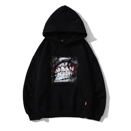 Black hooded pullover with a graphic print in the front.