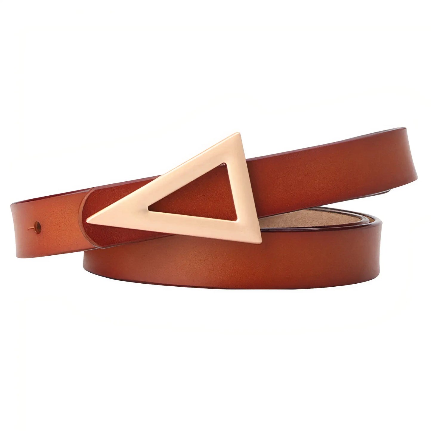 A brown belt with a gold triangular buckle.