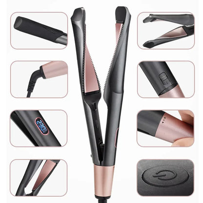 A collage of images showing a dual purpose twisted curling comb and straightener. The main device is black and rose gold with close-up views of the comb teeth and temperature control.