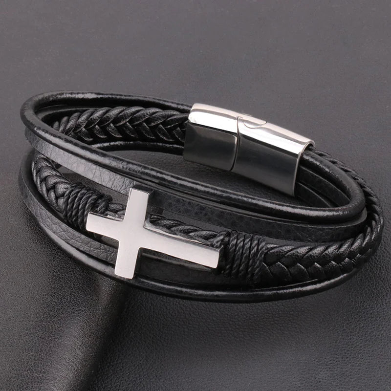 Men's Retro Braided Leather & Steel Bracelet