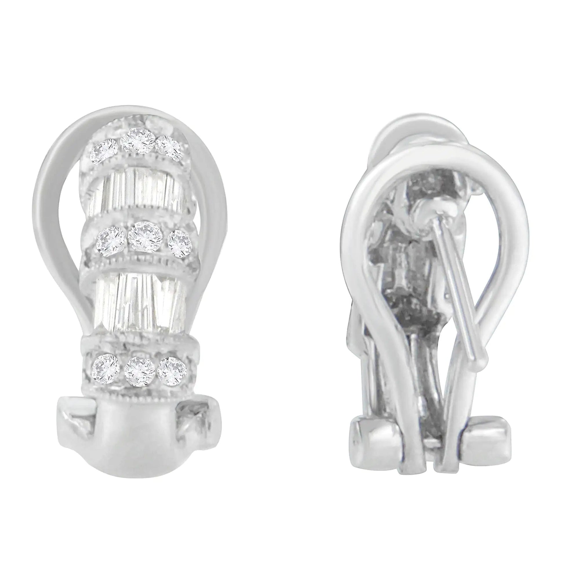 14K White Gold 1 cttw Round and Baguette Cut Diamond Earrings (H-I, SI2-I1) WEM Support (www.WEM.support)