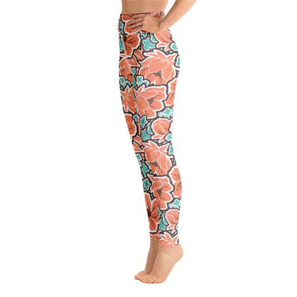 Women's Tropical Red Floral Yoga Leggings WEM Support (www.WEM.support)