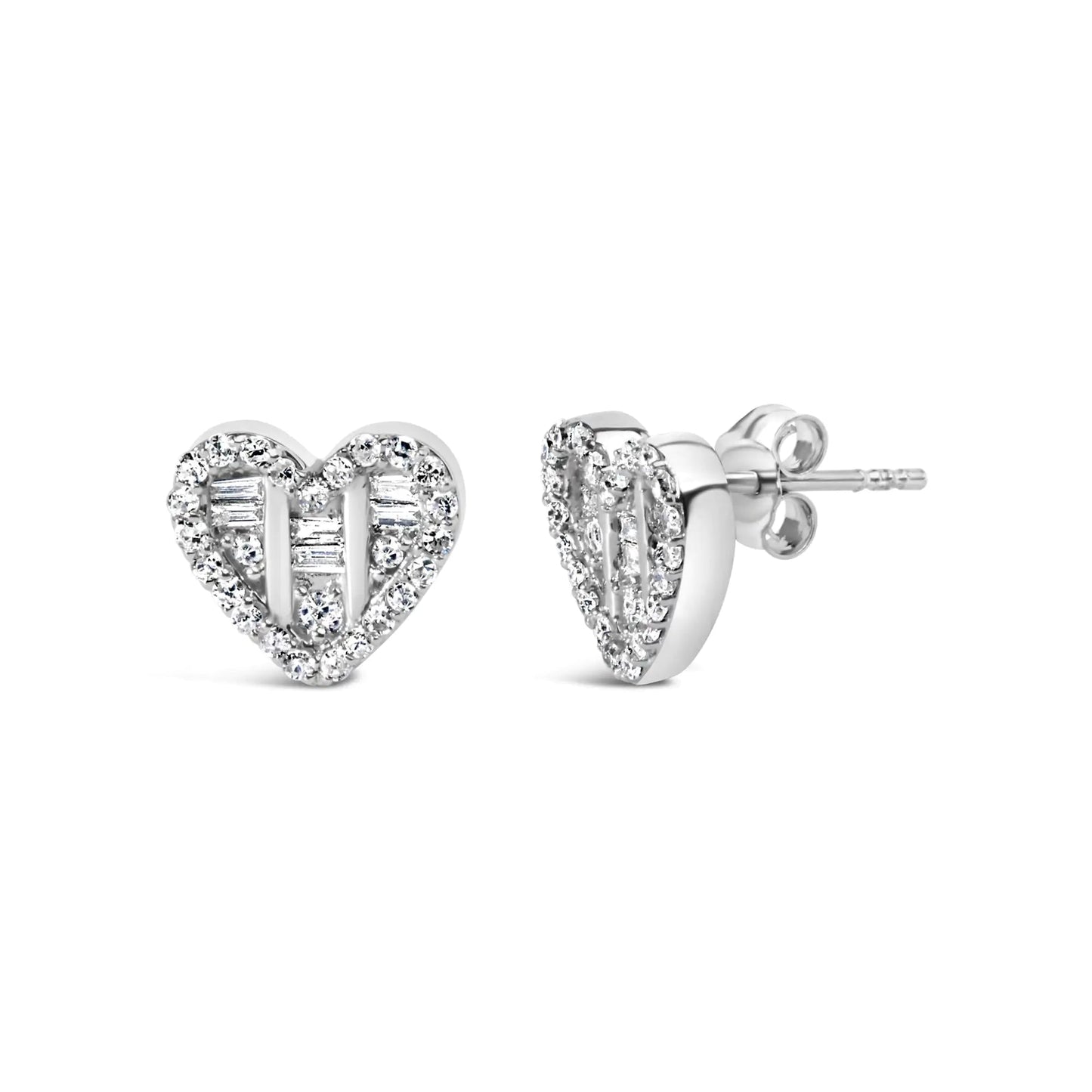 .925 Sterling Silver 1/2 Cttw Round and Baguette Diamond Composite Heart Shaped Stud Earring (I-J Color, SI2-I1 Clarity) WEM Support (www.WEM.support)