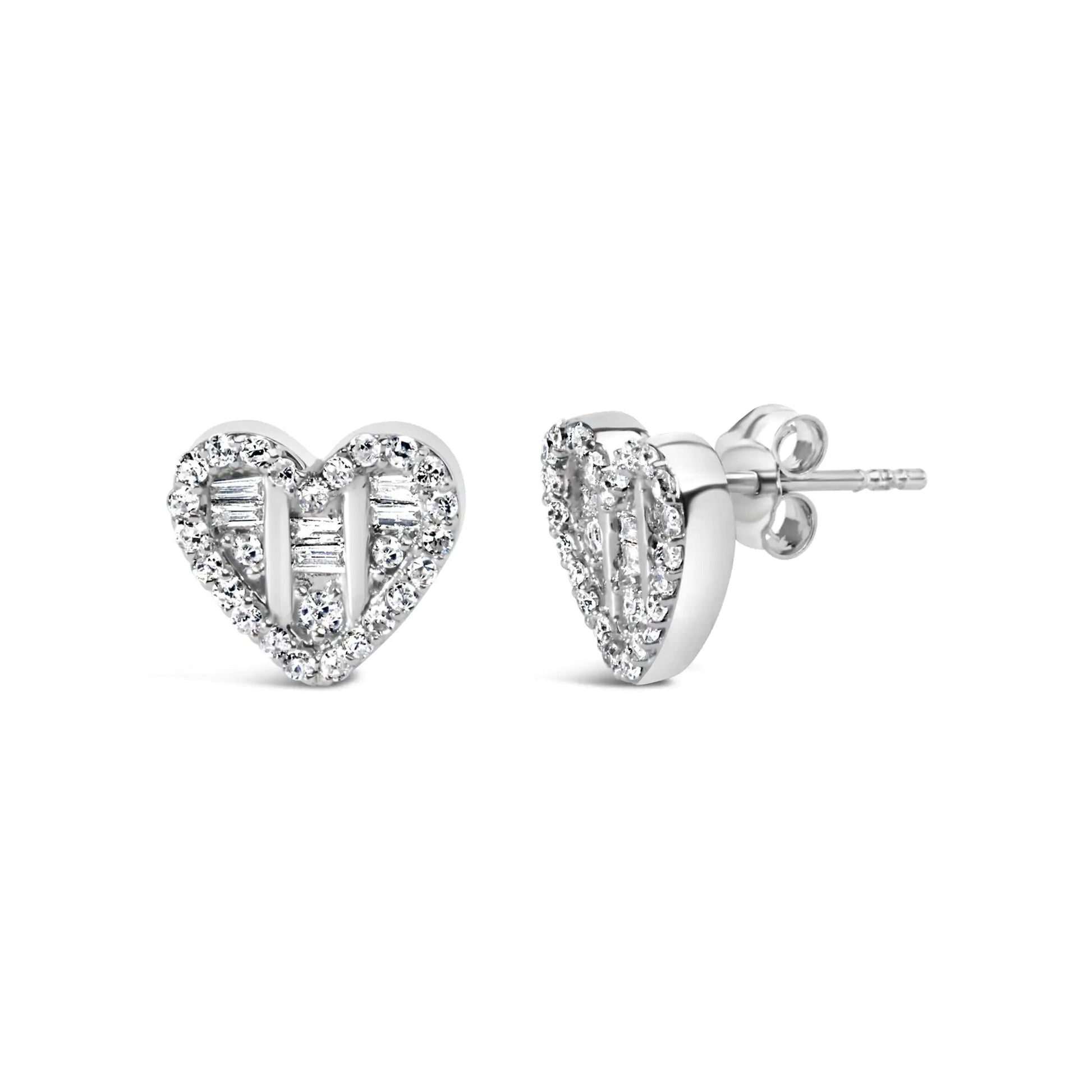 .925 Sterling Silver 1/2 Cttw Round and Baguette Diamond Composite Heart Shaped Stud Earring (I-J Color, SI2-I1 Clarity) WEM Support (www.WEM.support)