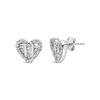 .925 Sterling Silver 1/2 Cttw Round and Baguette Diamond Composite Heart Shaped Stud Earring (I-J Color, SI2-I1 Clarity) WEM Support (www.WEM.support)
