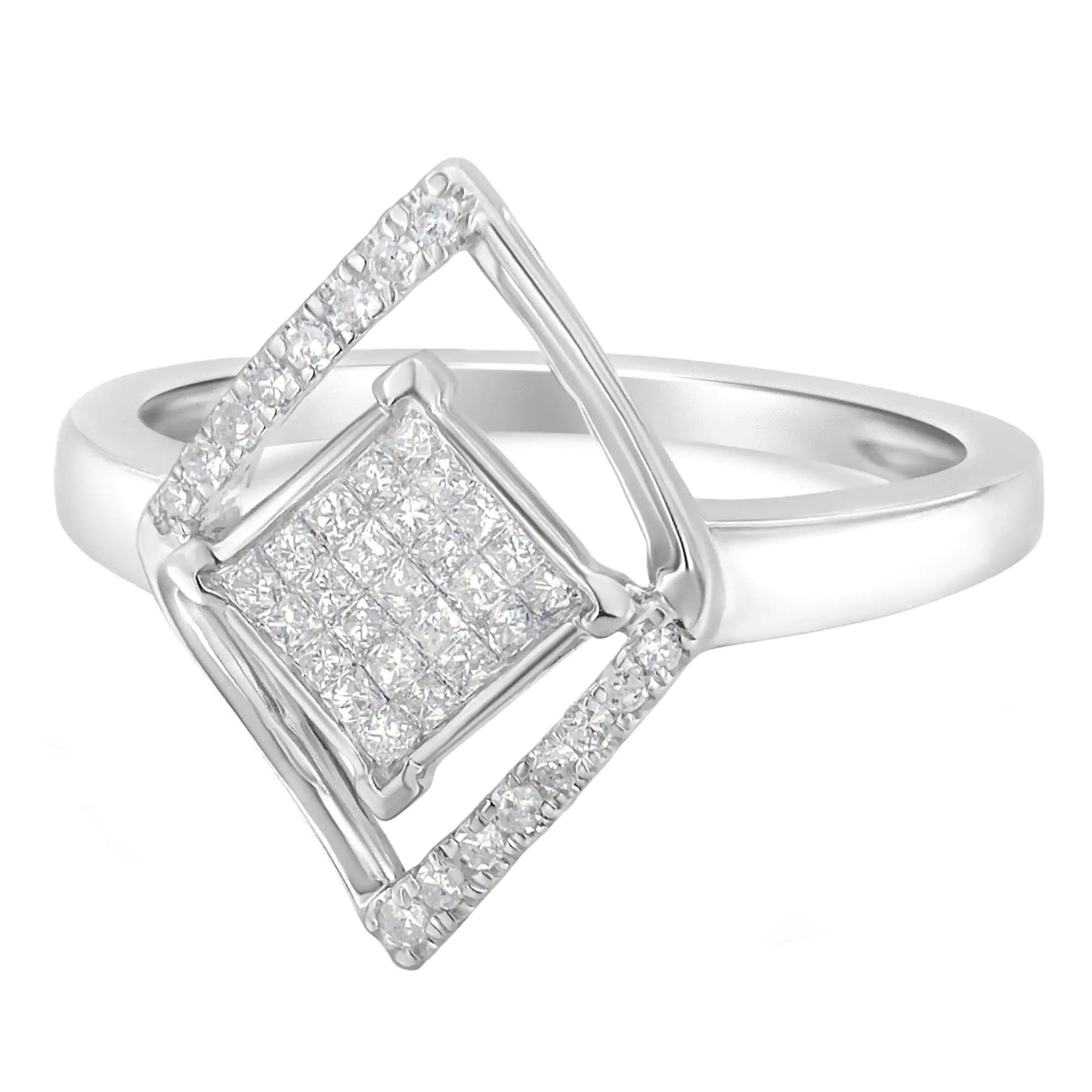 10k White Gold 1/3 Cttw Round and Princess Diamond Double Triangle Cocktail Ring (H-I Color, SI1-SI2 Clarity) WEM Support (www.WEM.support)