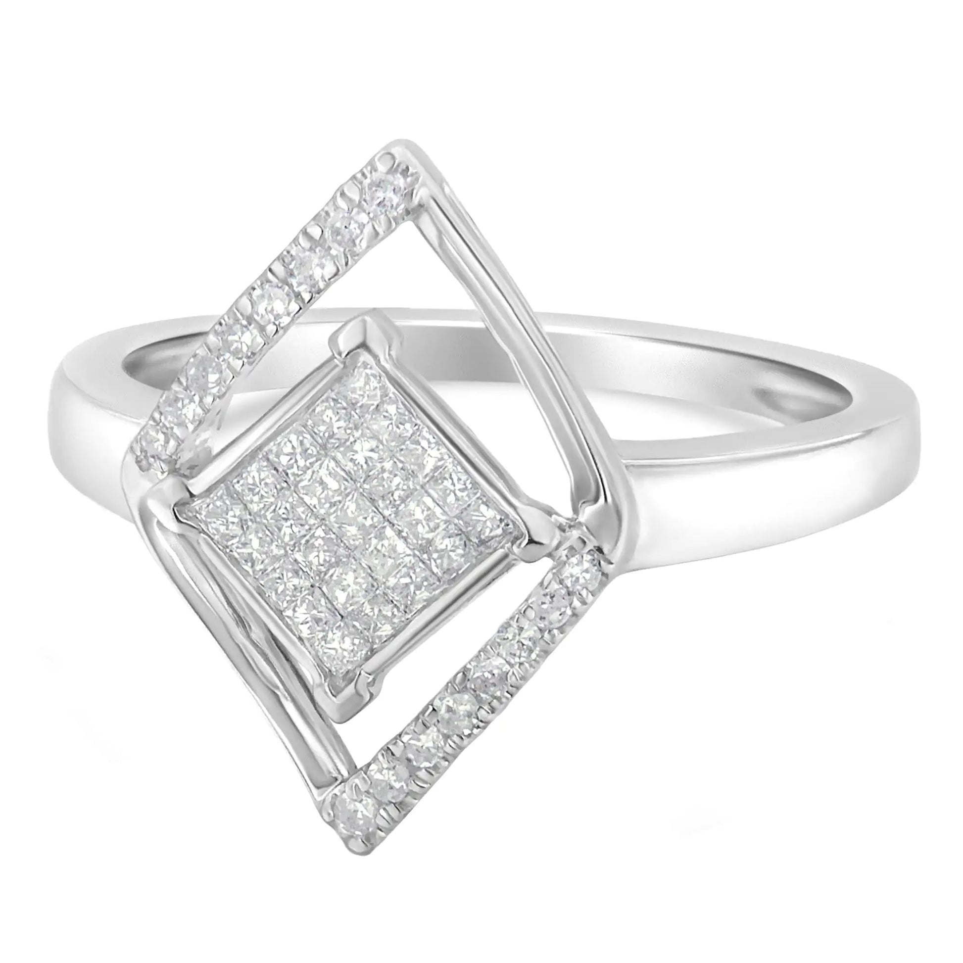 10k White Gold 1/3 Cttw Round and Princess Diamond Double Triangle Cocktail Ring (H-I Color, SI1-SI2 Clarity) WEM Support (www.WEM.support)