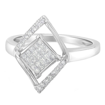 10k White Gold 1/3 Cttw Round and Princess Diamond Double Triangle Cocktail Ring (H-I Color, SI1-SI2 Clarity) WEM Support (www.WEM.support)