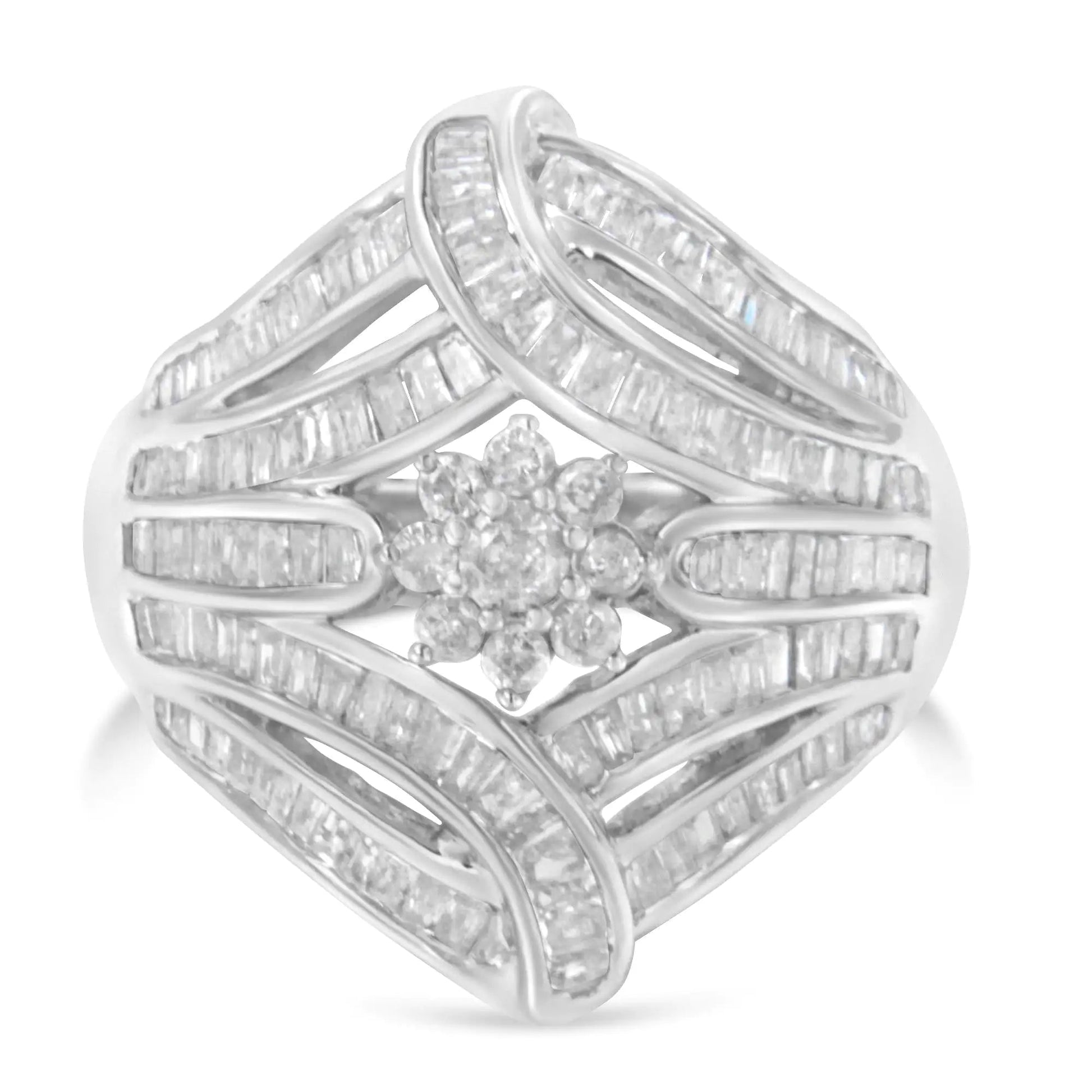 .925 Sterling Silver 1-1/8 Cttw Round & Baguette Diamond 'Flower & Fern' Cluster Cocktail Fashion Ring (I-J Color, I2-I3 Clarity) WEM Support (www.WEM.support)