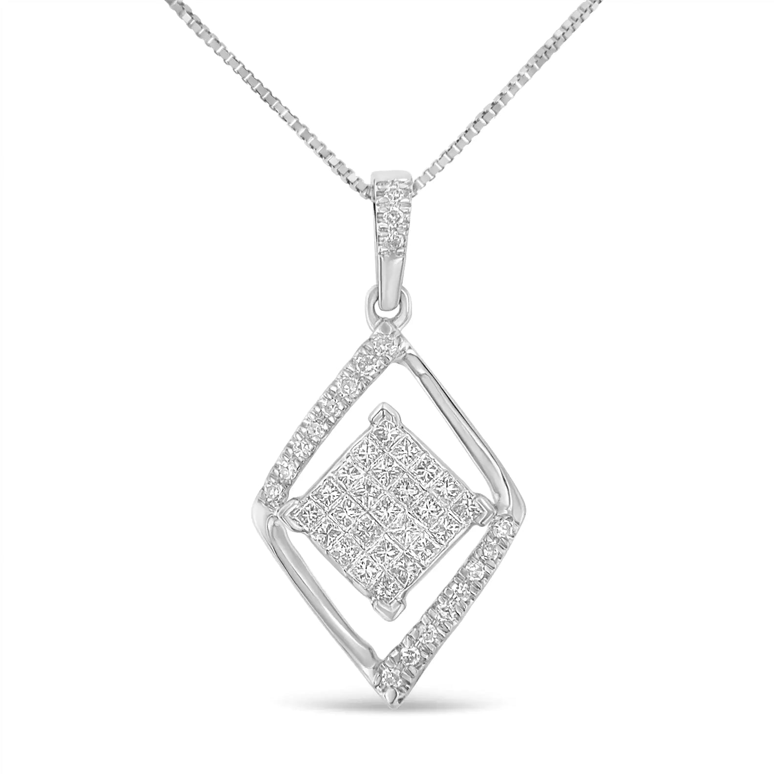 10k White Gold 1/3 Cttw Round and Princess-Cut Diamond Double Triangle 18" Pendant Necklace (H-I Color, SI1-SI2 Clarity) WEM Support (www.WEM.support)