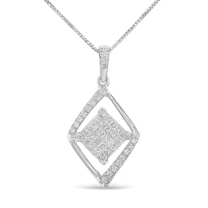 10k White Gold 1/3 Cttw Round and Princess-Cut Diamond Double Triangle 18" Pendant Necklace (H-I Color, SI1-SI2 Clarity) WEM Support (www.WEM.support)