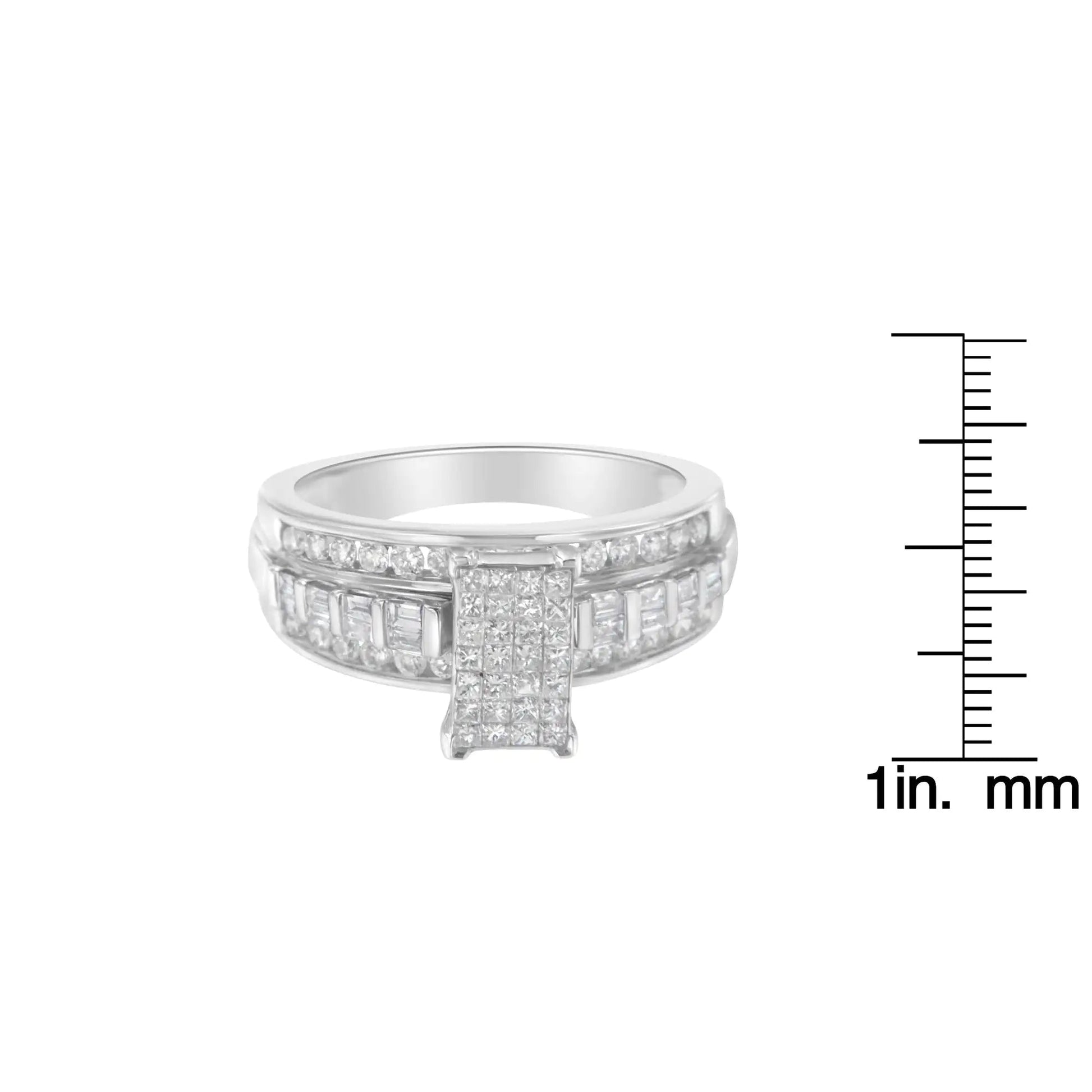14K White Gold 1.0 Cttw Mixed-Cut Diamond Rectangle Invisible-Set Composite Cluster Ring with Bar- and Channel-Set Band (H-I Color, SI2-I1 Clarity) WEM Support (www.WEM.support)