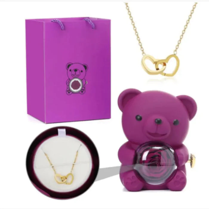 Eternal Rose Teddy Bear Gift Box with Necklace