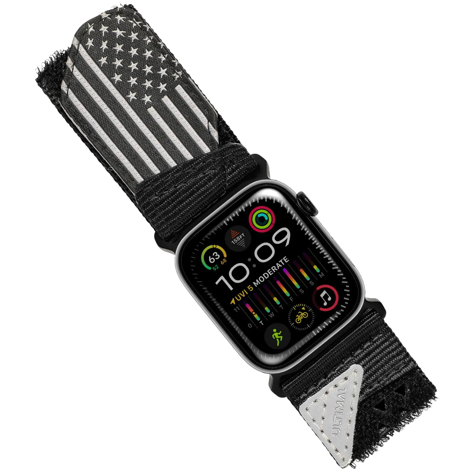 An Apple Watch band with a black and white flag pattern and a hollow-out design, displaying the watch face with a digital dial.
