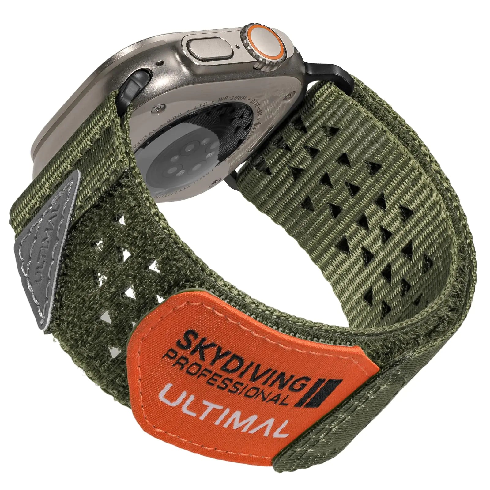 An Apple Watch band with a black and white flag pattern and a hollow-out design, displaying the watch face with a digital dial.