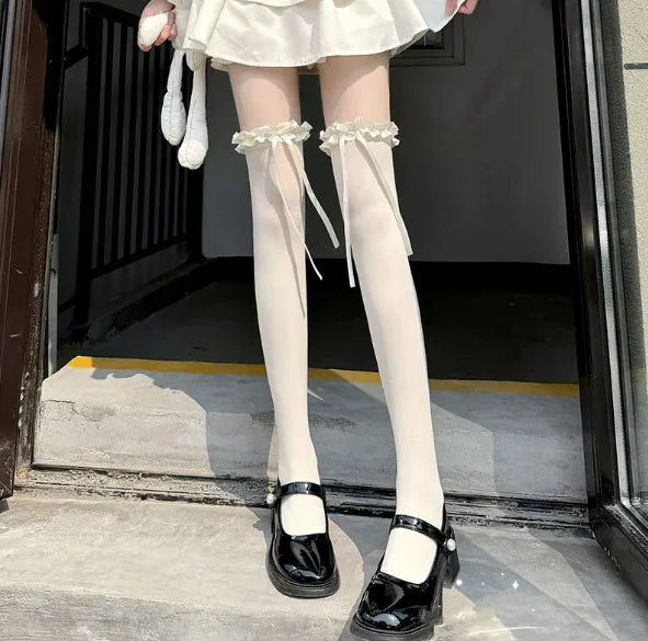 Women's White Silk Knee-High Thin Velvet Stockings WEM Support (www.WEM.support)