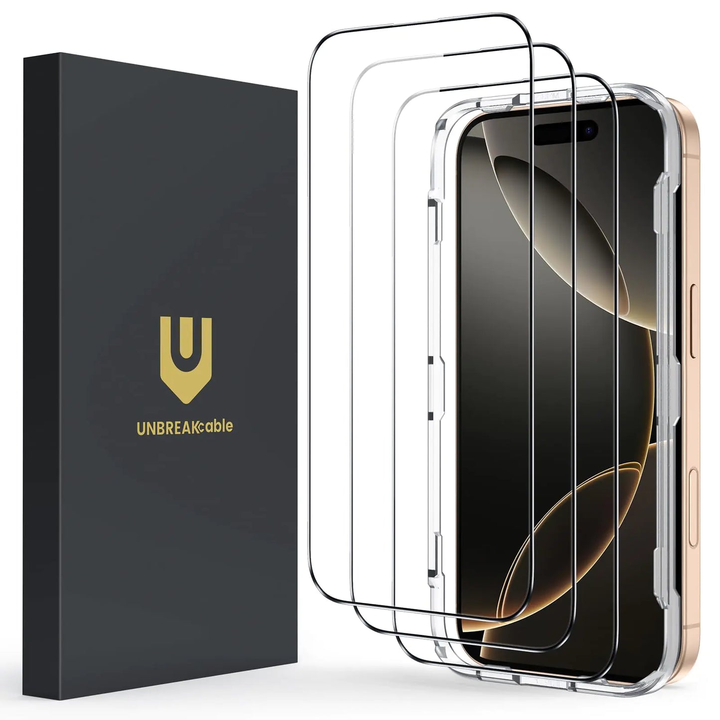 Pack of three UNBREAKcable brand screen protectors for iPhone 16 Pro, displayed alongside the packaging.