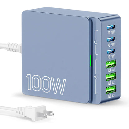 A blue USB C charger block with 100W power capacity, featuring multiple green USB ports and a white cable attached to one of the ports.