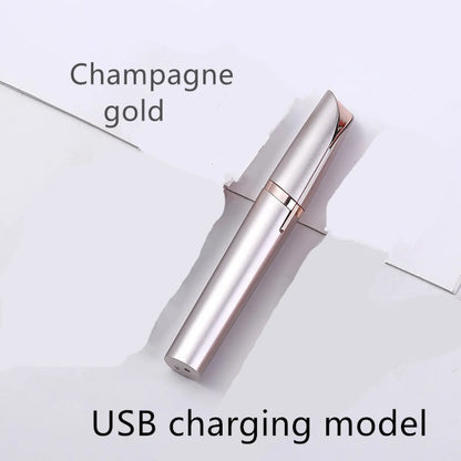 USB electric trimmer with white body and silver accents, displayed alongside a USB charging cable and a color box packing label.