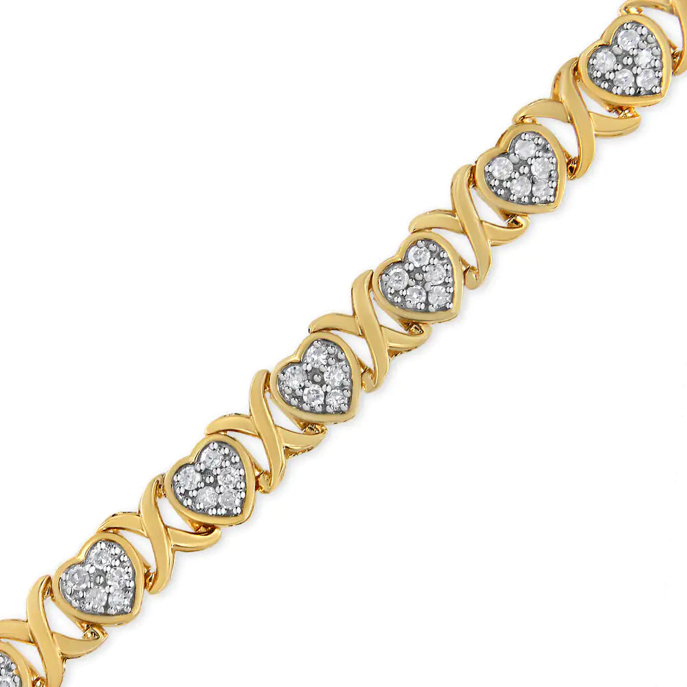 14KY Yellow Gold Plated .925 Sterling Silver 1.00 Cttw Diamond Heart and X Link Bracelet (I-J Color, I3 Clarity) - 7.25" Inches WEM Support (www.WEM.support)