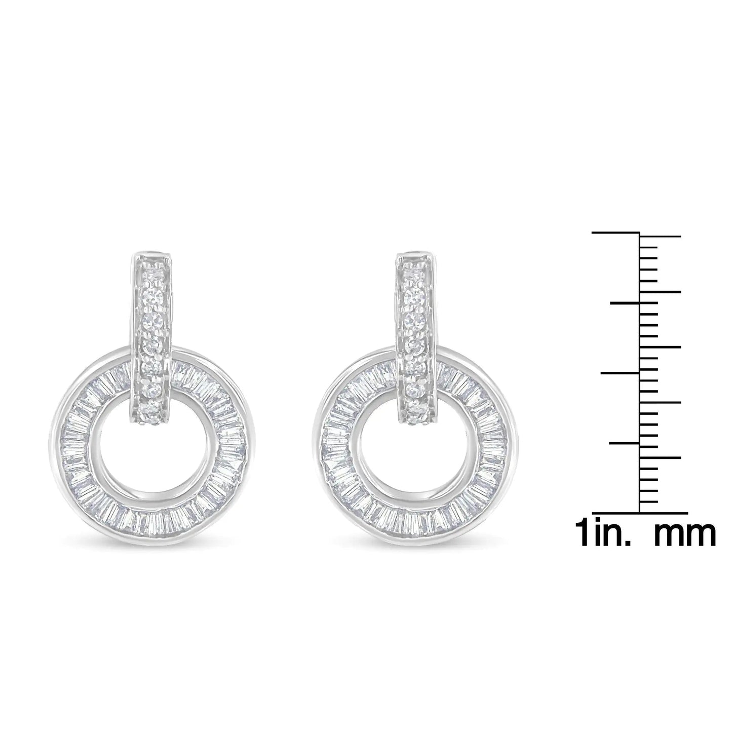 14k White Gold Round and Baguette Cut Diamond Earrings (1 cttw, G-H Color, SI1-SI2 Clarity) WEM Support (www.WEM.support)