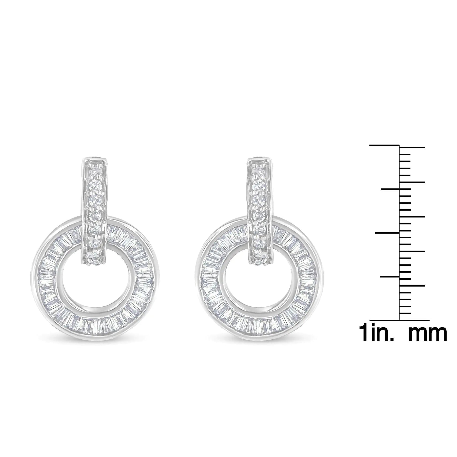 14k White Gold Round and Baguette Cut Diamond Earrings (1 cttw, G-H Color, SI1-SI2 Clarity) WEM Support (www.WEM.support)