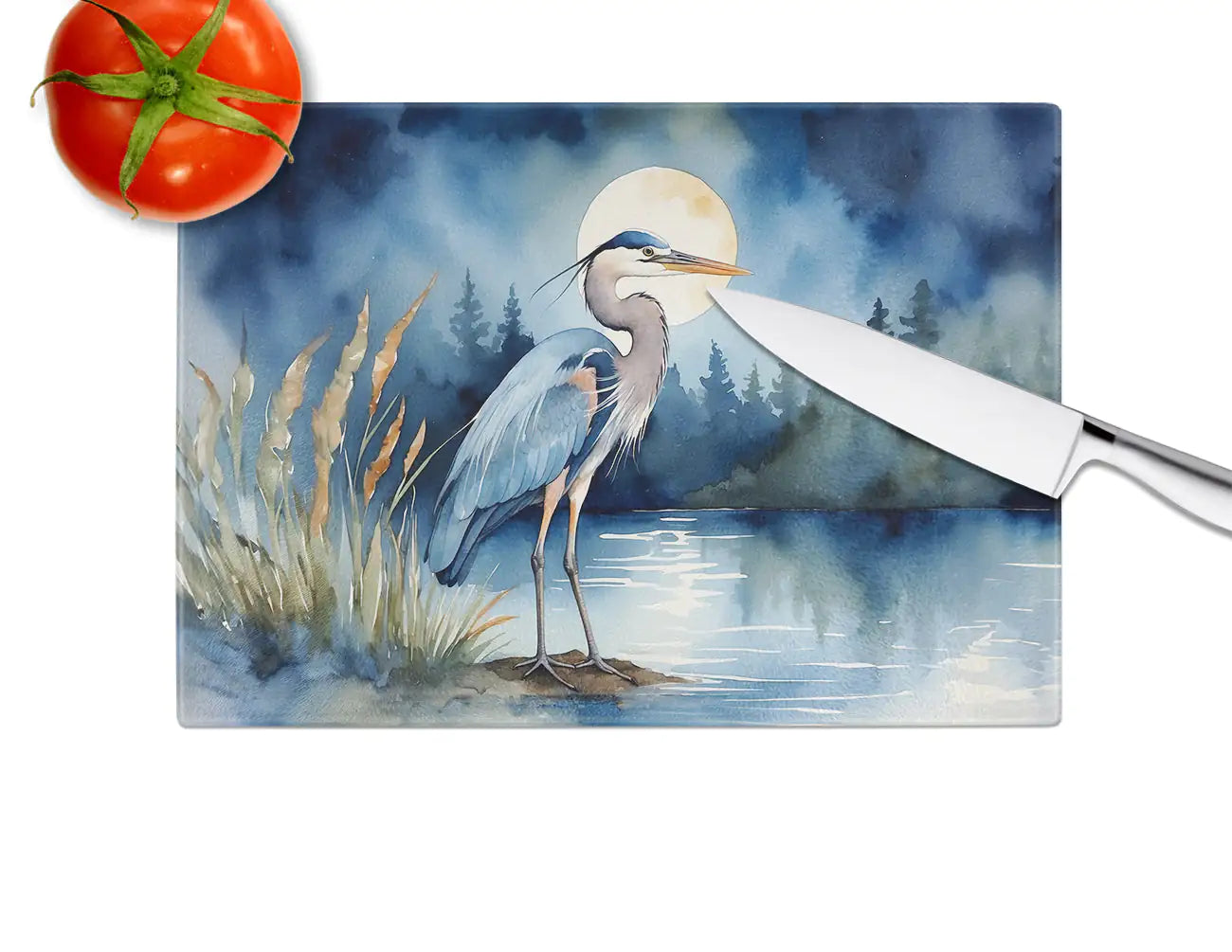 Blue Heron Under the Moonlight Glass Cutting Board WEM Support (www.WEM.support)