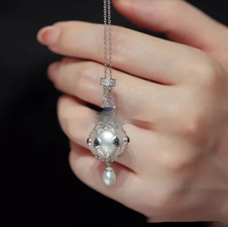 Pearl Gemstone Lavalier Pendant Necklace with Metal Net Bag WEM Support (www.WEM.support)