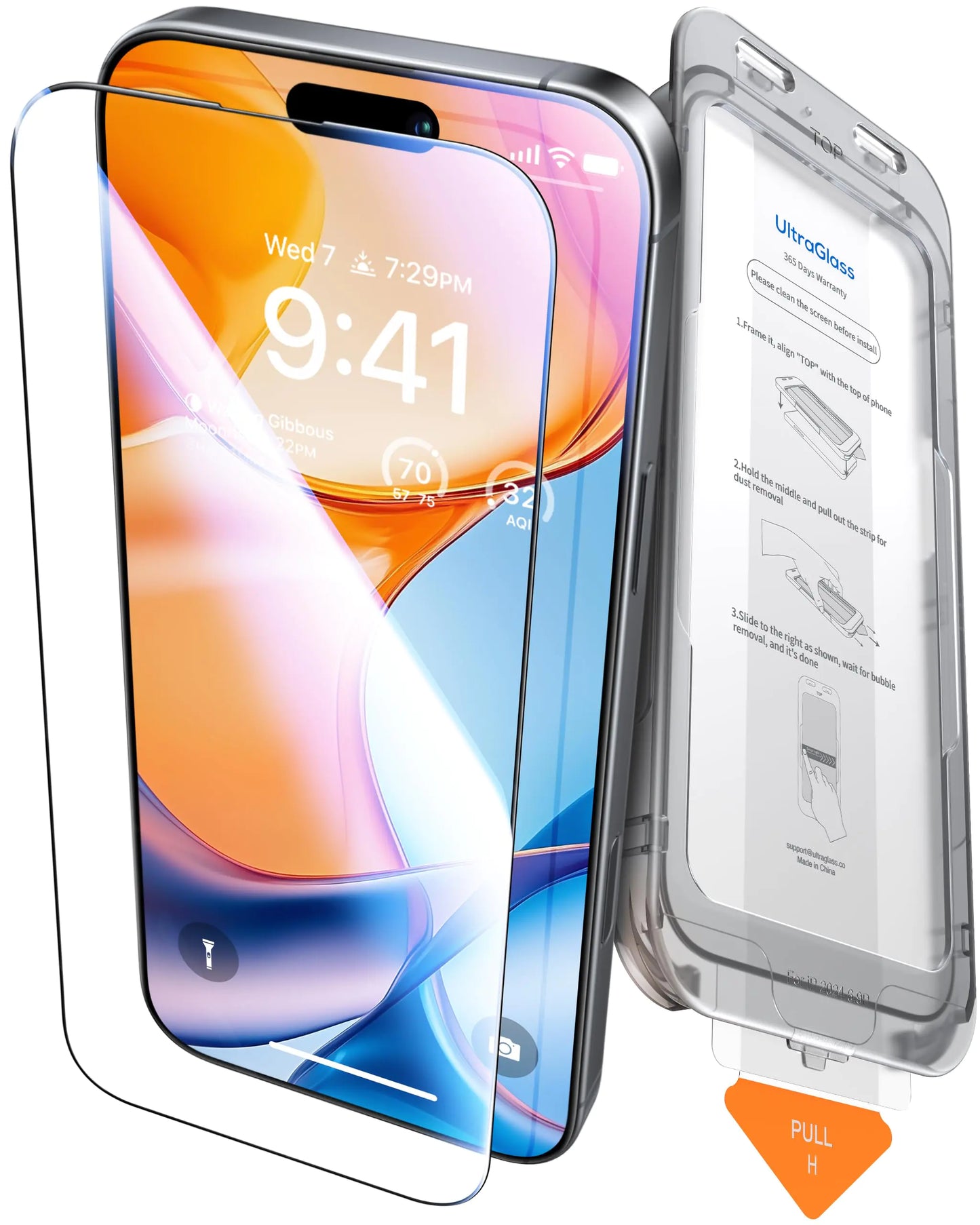 Packaging and product image of a screen protector for iPhone 16 Pro Max, displaying the protector applied on a phone and its packaging.
