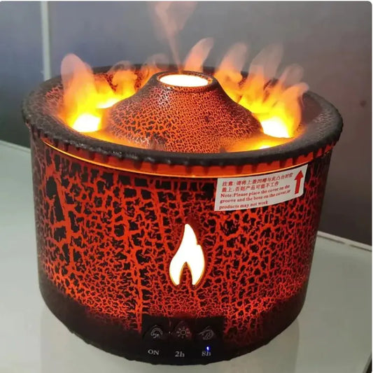 An ultrasonic essential oil humidifier with a volcano-like pattern emitting mist, illuminated by an artificial flame light.