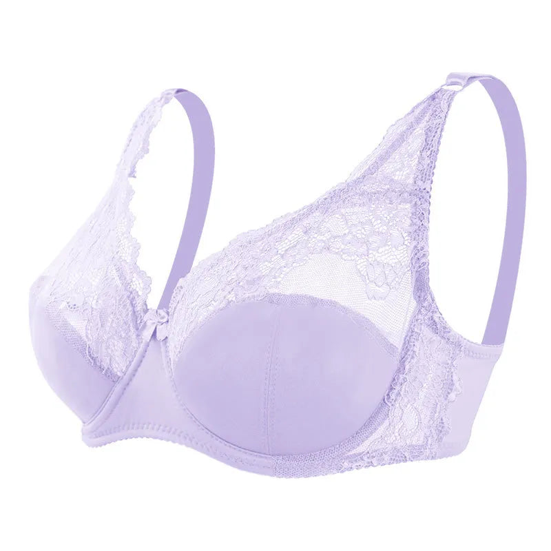 A purple underwire lace bra with adjustable straps and a hook-and-eye closure.