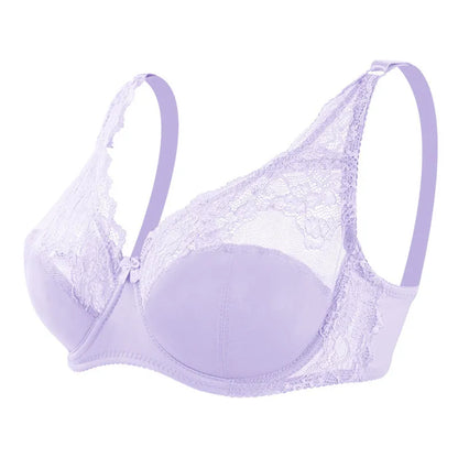 A purple underwire lace bra with adjustable straps and a hook-and-eye closure.