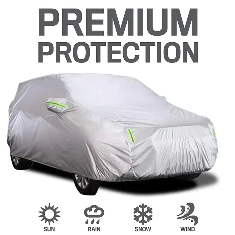 A silver car cover with reflective strips designed to protect against sun, rain, snow, and wind