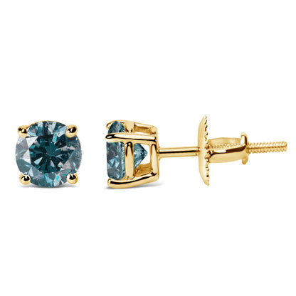 14K Gold Round Brilliant Cut Lab Grown Blue Diamond 4-Prong Classic Solitaire Stud Earrings with Screwbacks WEM Support (www.WEM.support)