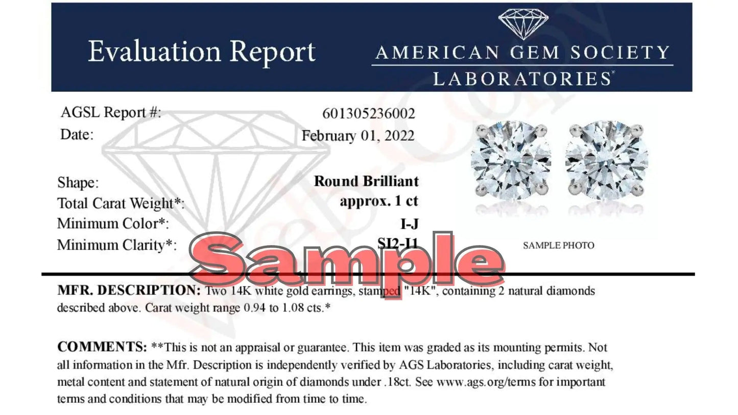 AGS Certified 14K White Gold 1.0 Cttw 4-Prong Set Brilliant Round-Cut Solitaire Diamond Push Back Stud Earrings (H-I Color, SI2-I1 Clarity) WEM Support (www.WEM.support)
