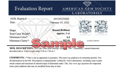 AGS Certified 14K White Gold 1.0 Cttw 4-Prong Set Brilliant Round-Cut Solitaire Diamond Push Back Stud Earrings (H-I Color, SI2-I1 Clarity) WEM Support (www.WEM.support)