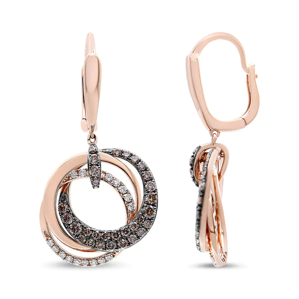 14K Rose Gold 1.00 Cttw White and Brown Diamond Intertwining Hoops and Circle Dangle Earrings (H-I/Brown Color, SI1-SI2 Clarity) WEM Support (www.WEM.support)