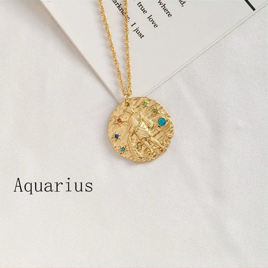 Gold Coin Disk Pendant Zodiac Necklace WEM Support (www.WEM.support)