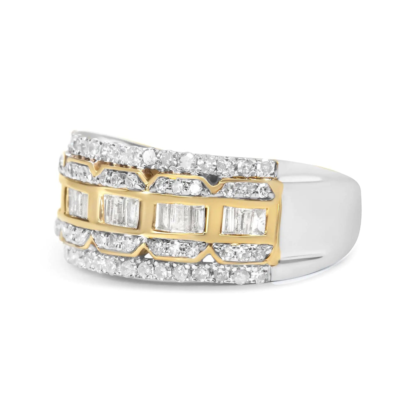 10K White and Yellow Gold 1.00 Cttw Baguette and Round cut Diamond Art Deco Multi-Row Ring Band (I-J Color, I1-I2 Clarity) WEM Support (www.WEM.support)