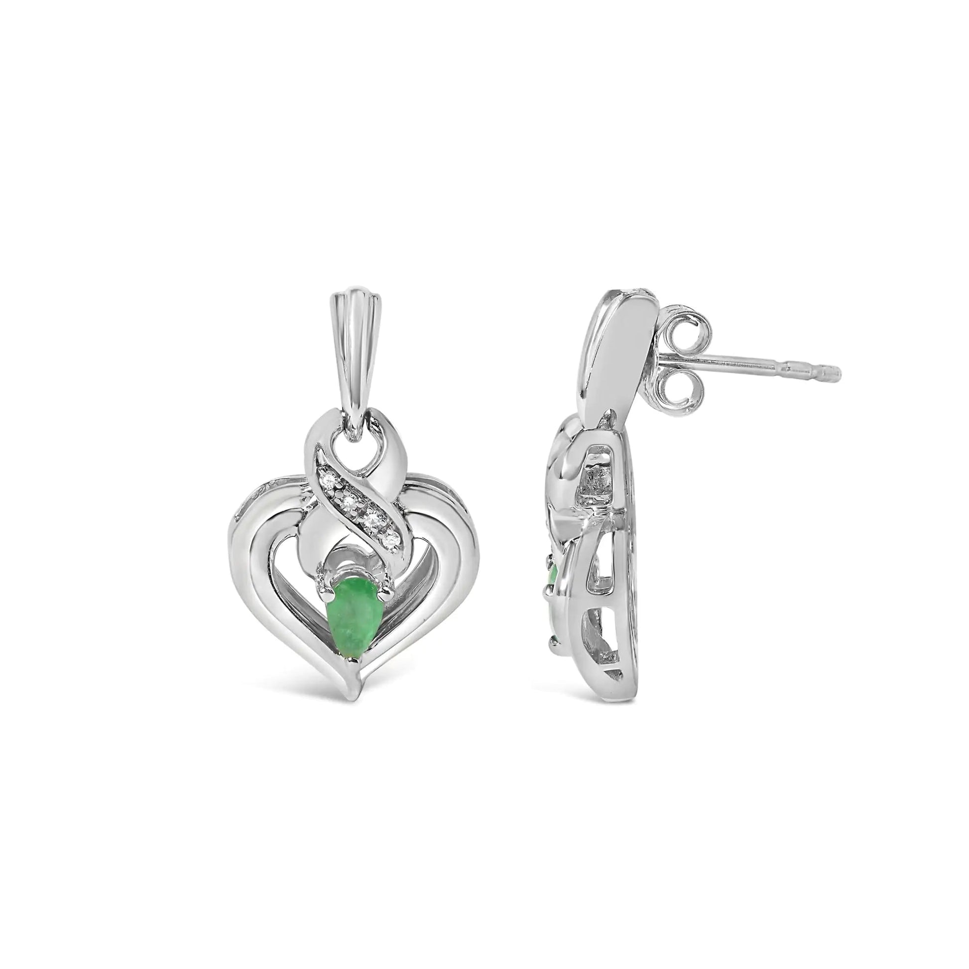 .925 Sterling Silver 5x3mm Pear Emerald Gemstone with Diamond Accent Heart Dangle Stud Earrings (H-I Color, SI1-SI2 Clarity) WEM Support (www.WEM.support)