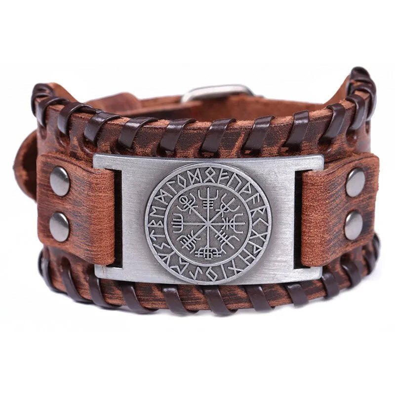 Retro Wide Leather Pirate Compass Bracelet WEM Support (www.WEM.support)