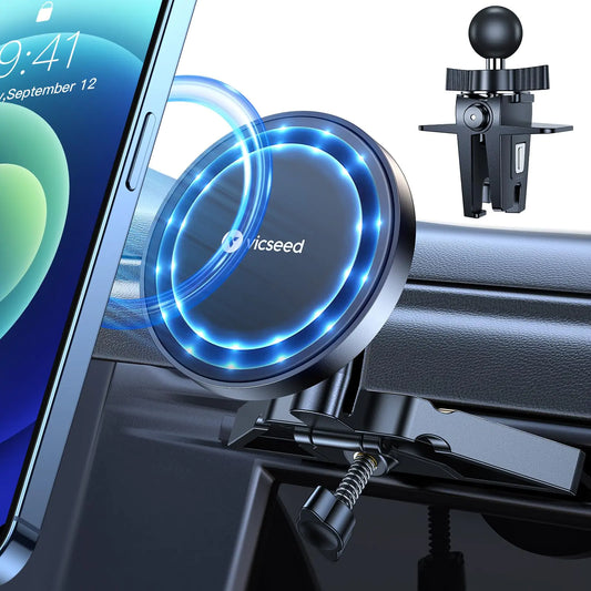 A black VICSEED branded wireless charging car mount with a blue light ring, attached to a car's CD slot.