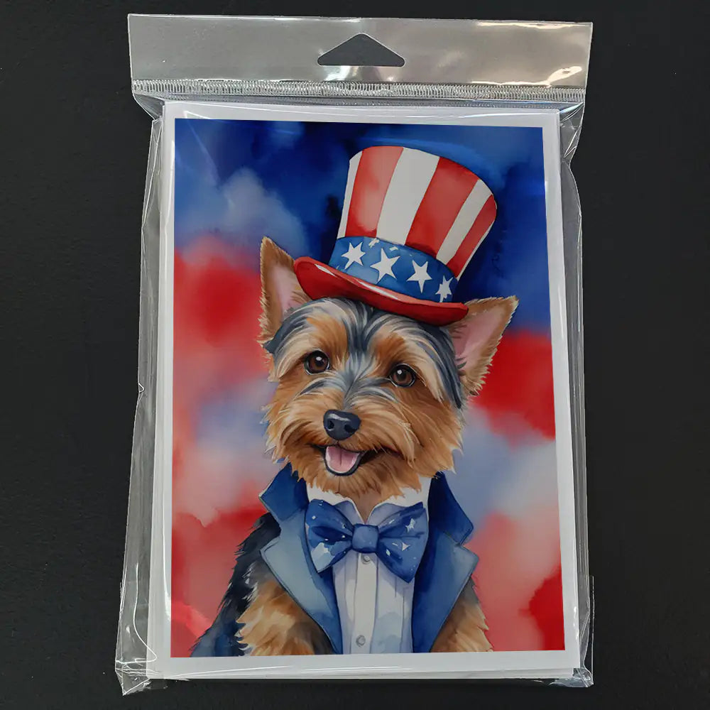 Australian Terrier Patriotic American Greeting Cards Pack of 8 WEM Support (www.WEM.support)
