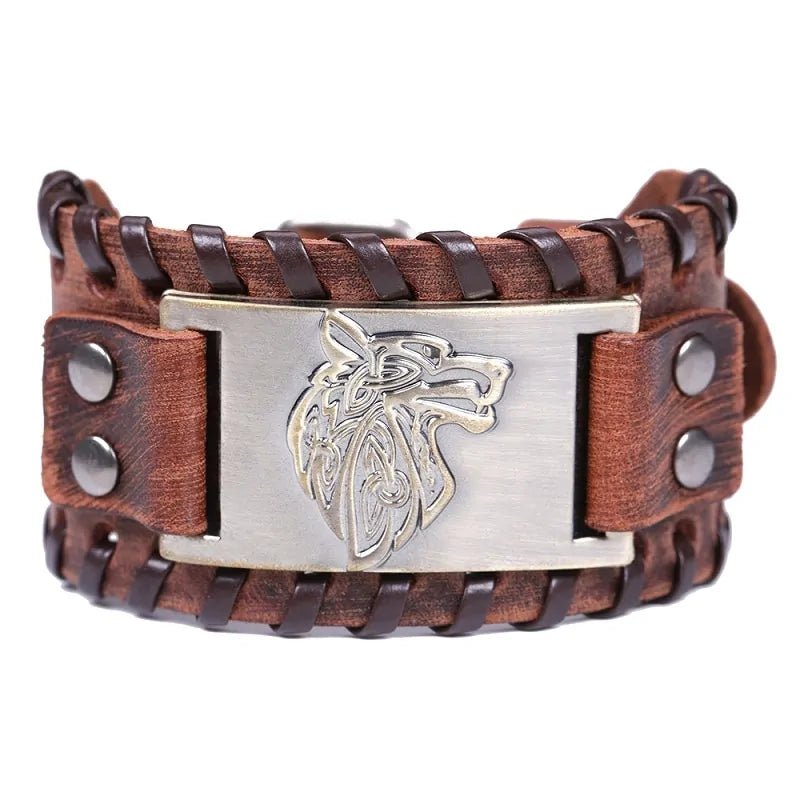 Vintage Wide Leather Woven Wolf Head Bracelet WEM Support (www.WEM.support)