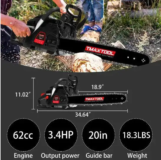 TMAXTOOL 62cc Powerful 20 Inch Gas Chainsaw With 2 Stroke Perfect For Pruning WEM Support (www.WEM.support)